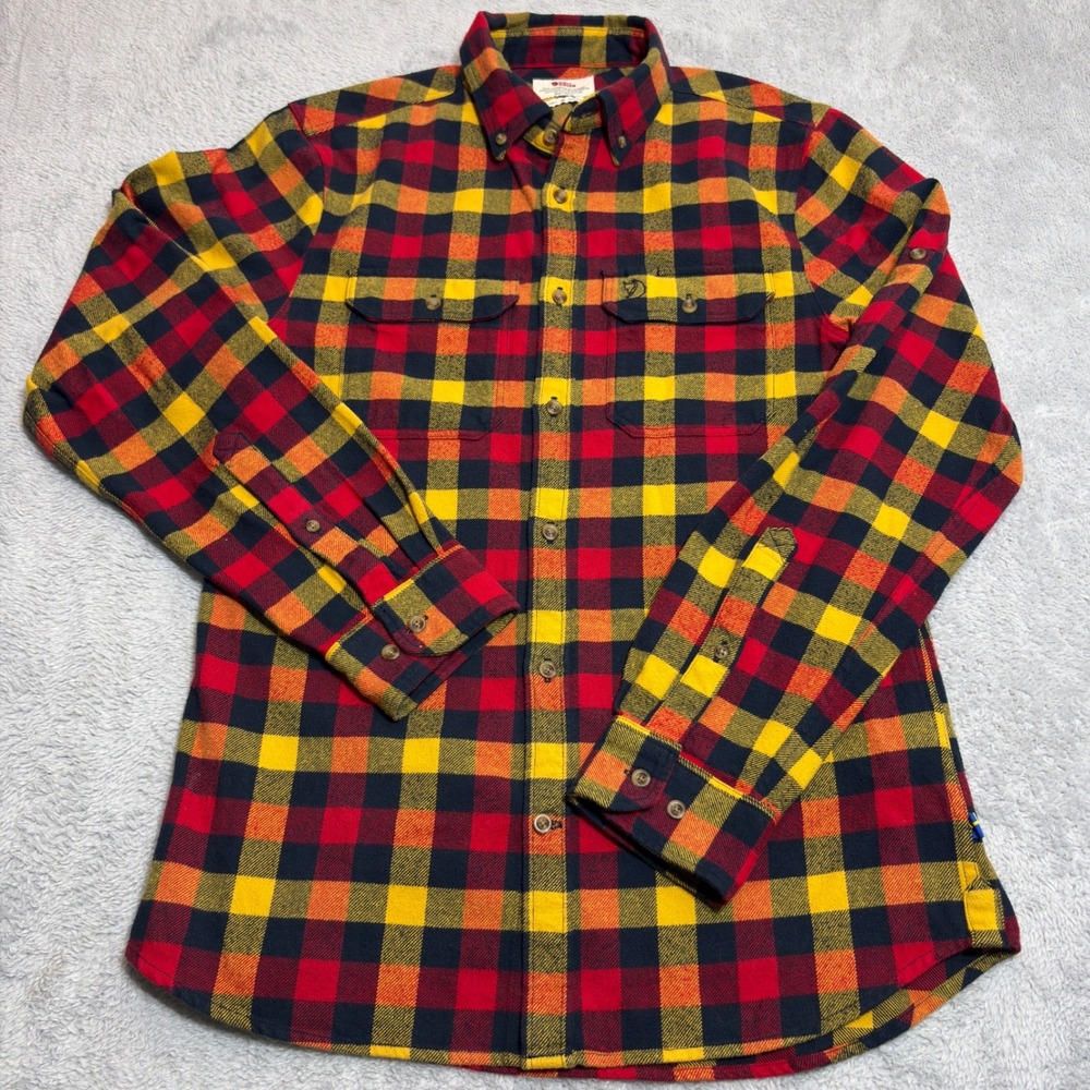 Fjallraven Ovik Flannel Shirt Mens M Slim Red Yellow Plaid Button Down Cotton